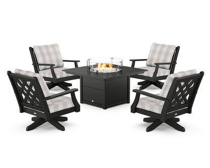 Country Living Wovendale 5-Piece Deep Seating Swivel Conversation Set with Fire Pit Table in Black / Buffalo Plaid Dune Burlap