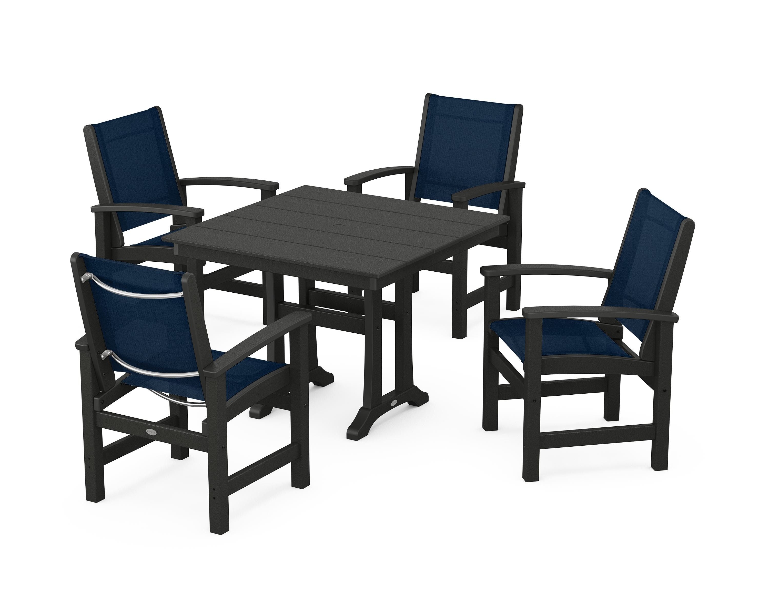 POLYWOOD® Coastal 5-Piece Farmhouse Dining Set With Trestle Legs in Black / Navy Blue Sling