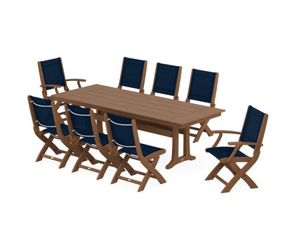 POLYWOOD® Coastal 9-Piece Folding Dining Chair Farmhouse Dining Set with Trestle Legs in Teak / Navy Blue Sling
