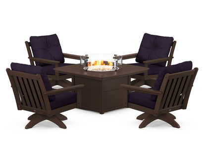 POLYWOOD® Vineyard 5-Piece Deep Seating Swivel Conversation Set with Fire Pit Table in Mahogany / Navy Linen