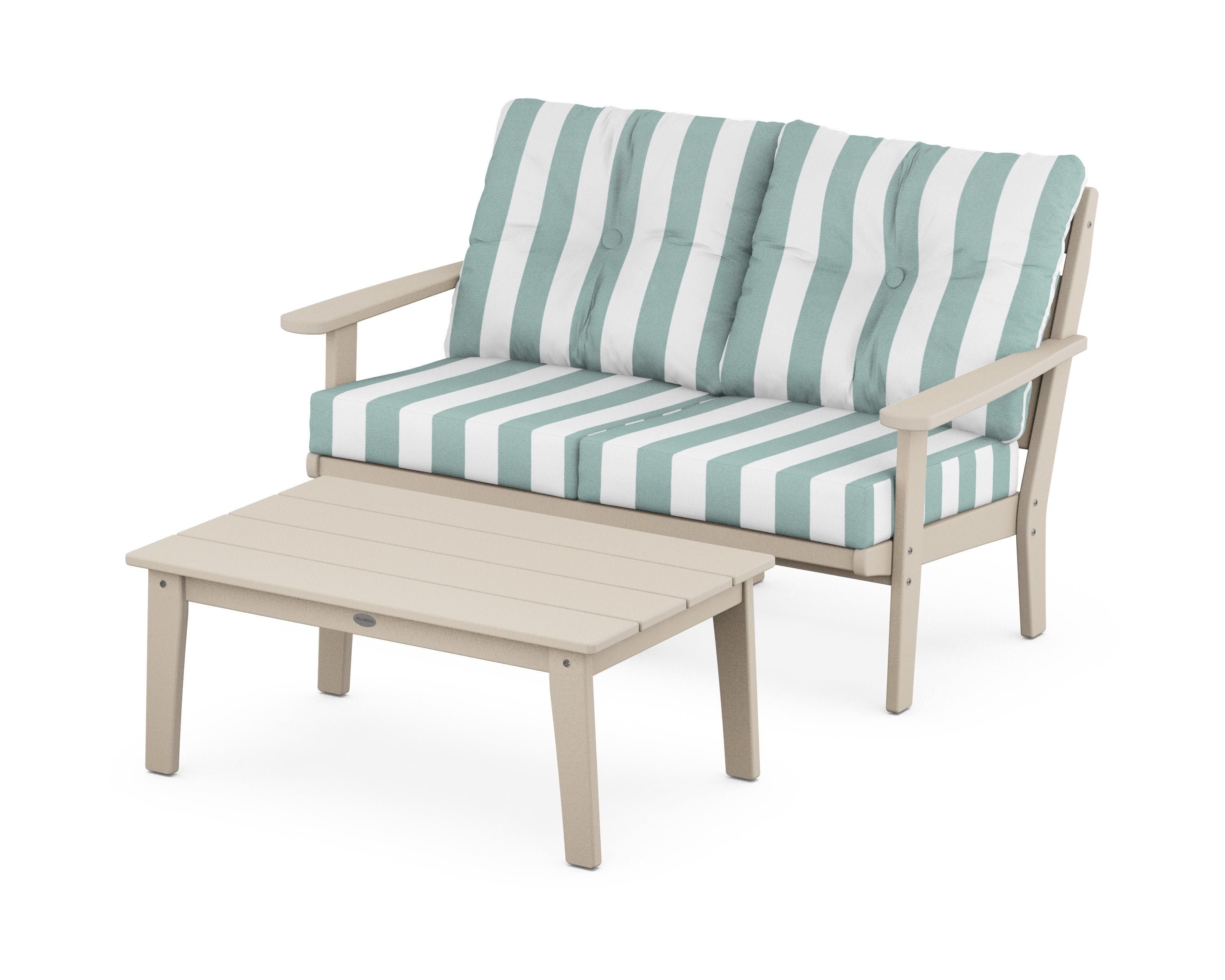 POLYWOOD® Lakeside 2-Piece Lounge Loveseat Set in Sand / Cabana Stripe Glacier Spa