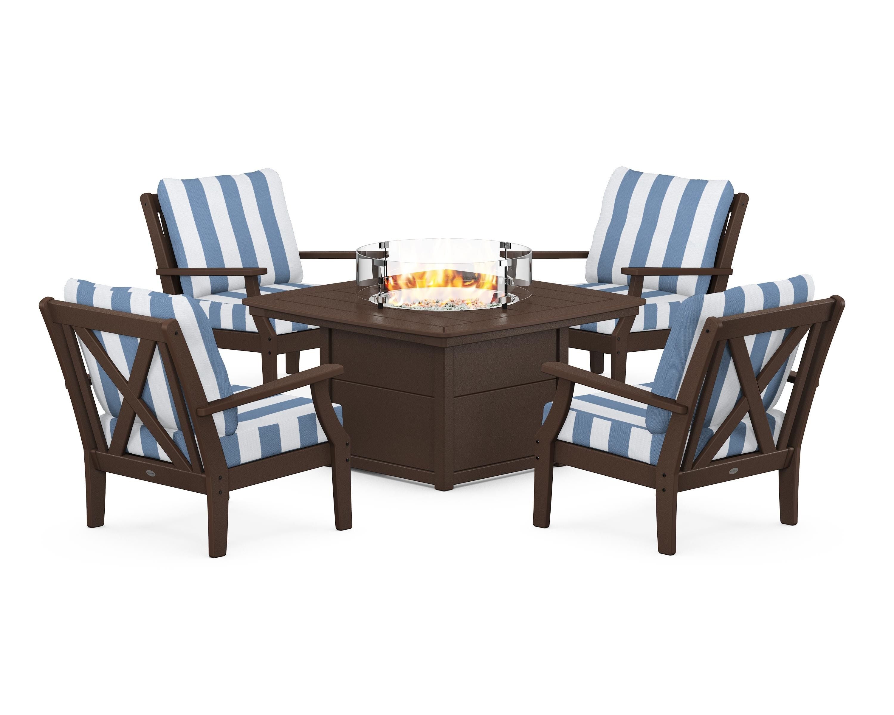 POLYWOOD® Braxton 5-Piece Deep Seating Conversation Set with Fire Pit Table in Mahogany / Cabana Stripe Sky Blue