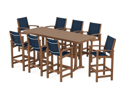 POLYWOOD® Coastal 9-Piece Farmhouse Bar Set with Trestle Legs in Teak / Navy Blue Sling