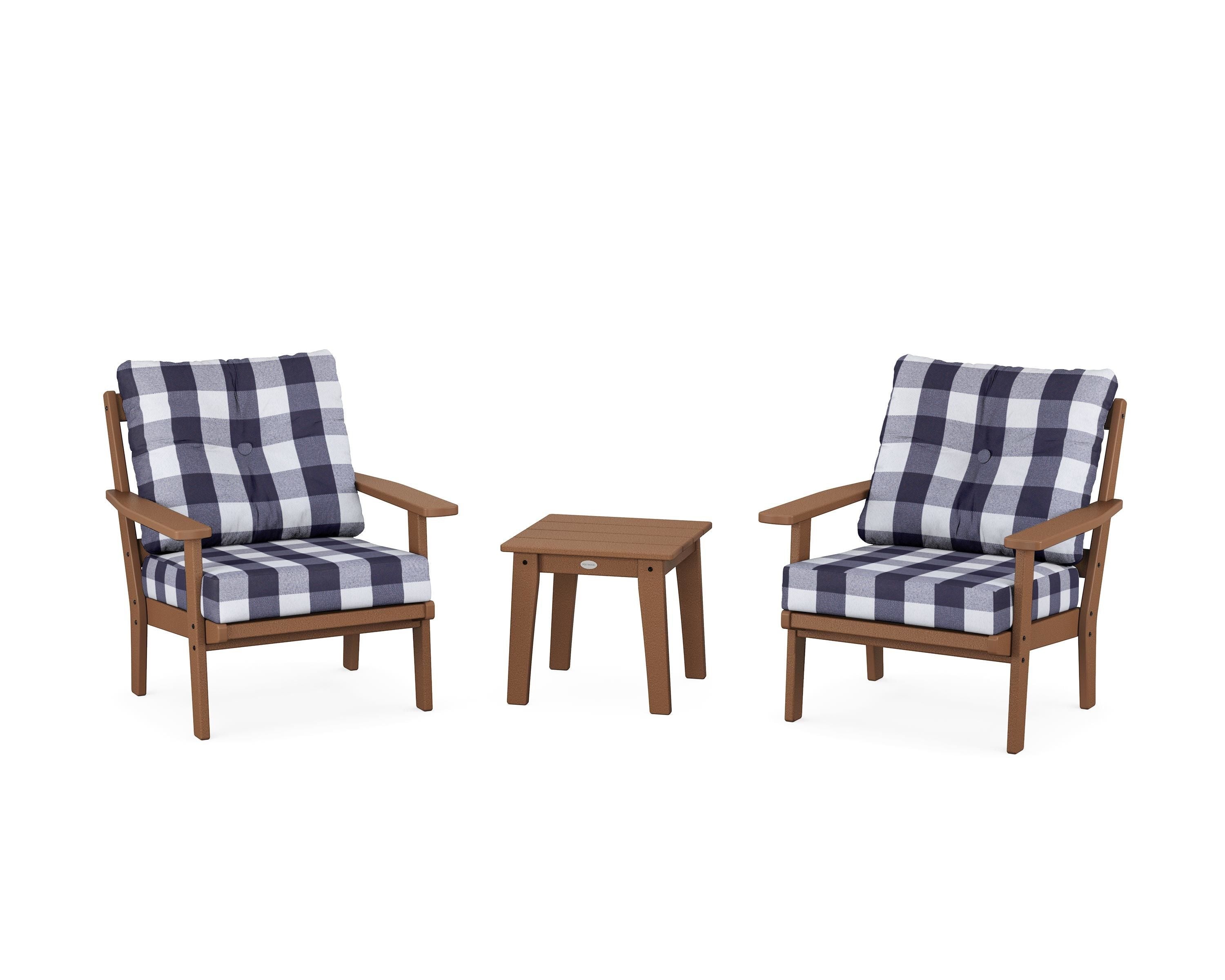 POLYWOOD® Oxford 3-Piece Deep Seating Set in Teak / Buffalo Plaid Navy