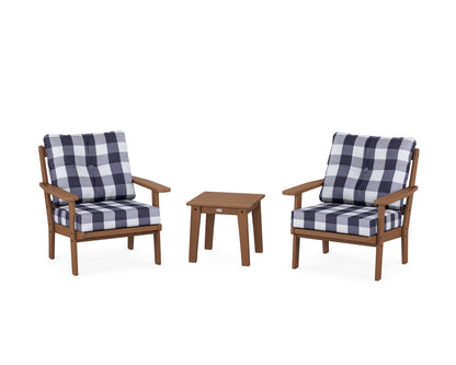 POLYWOOD® Oxford 3-Piece Deep Seating Set in Teak / Buffalo Plaid Navy