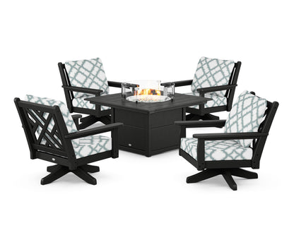POLYWOOD® Chippendale 5-Piece Deep Seating Swivel Conversation Set with Fire Pit Table in Black / Trellis Glacier Spa