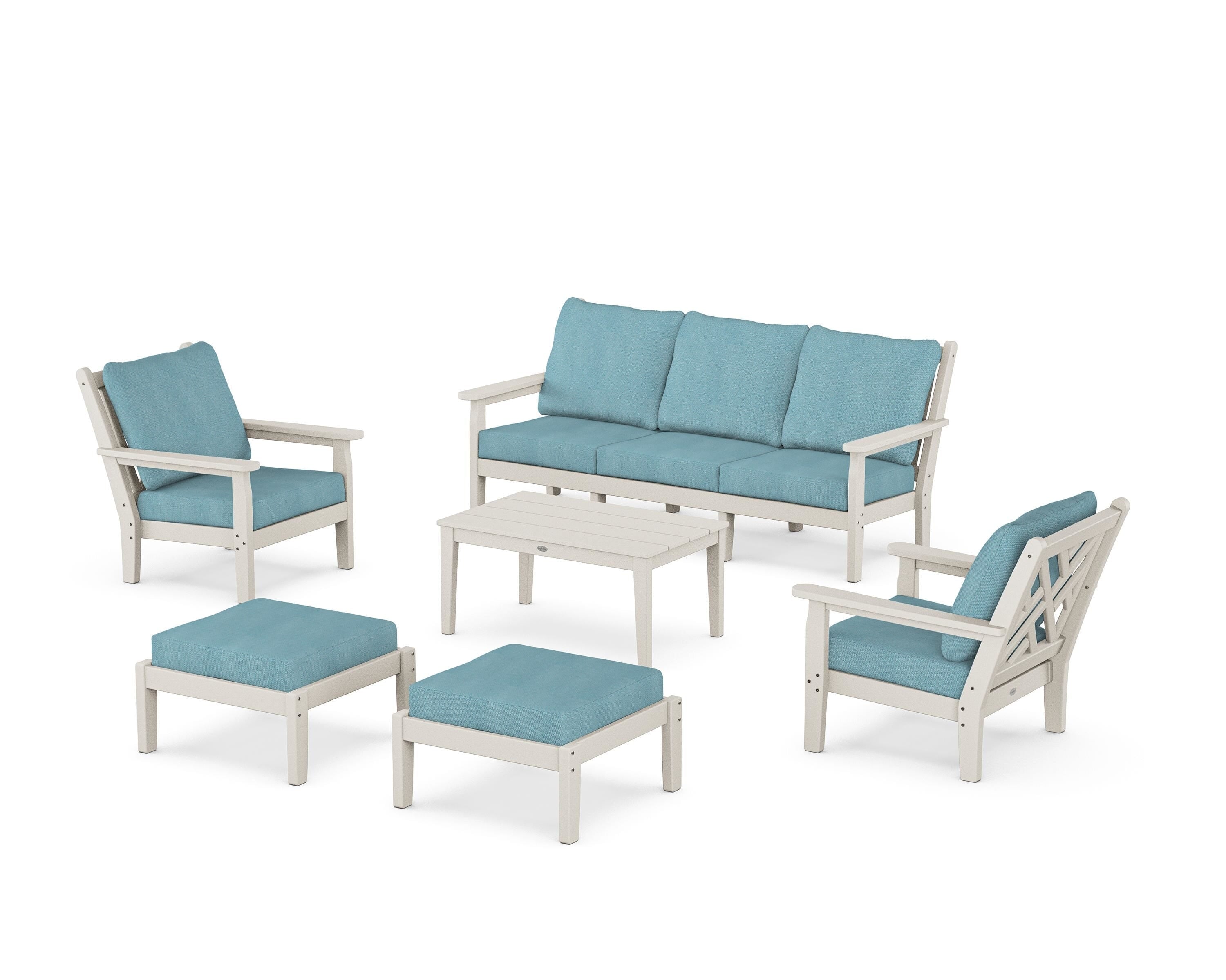 POLYWOOD® Chippendale 6-Piece Lounge Sofa Set in Sand / Lattice Sky Blue