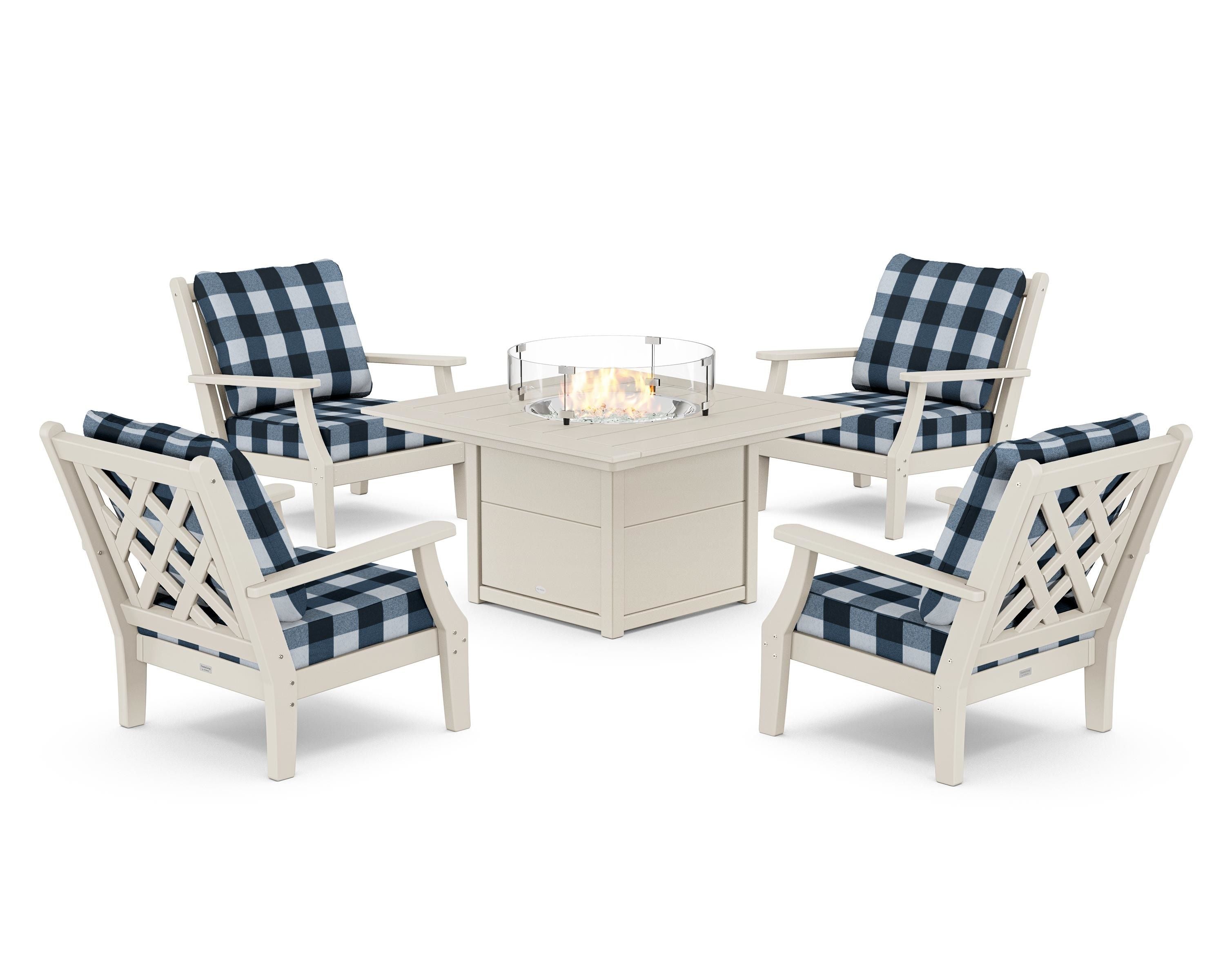 Country Living Wovendale 5-Piece Deep Seating Set with Fire Pit Table in Sand / Buffalo Plaid Marine Indigo