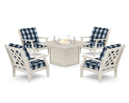 Country Living Wovendale 5-Piece Deep Seating Set with Fire Pit Table in Sand / Buffalo Plaid Marine Indigo