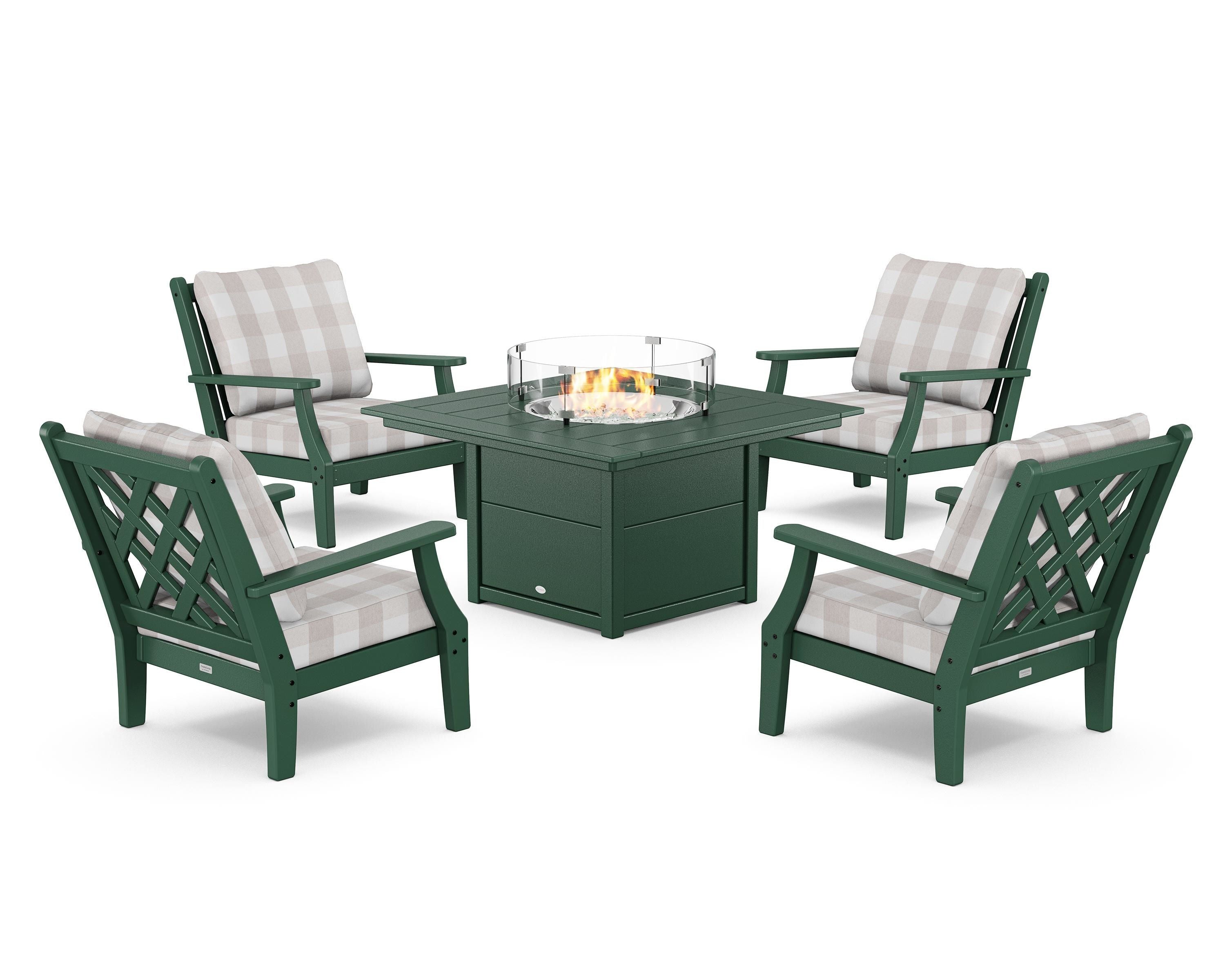 Country Living Wovendale 5-Piece Deep Seating Set with Fire Pit Table in Green / Buffalo Plaid Dune Burlap