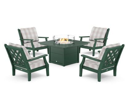 Country Living Wovendale 5-Piece Deep Seating Set with Fire Pit Table in Green / Buffalo Plaid Dune Burlap