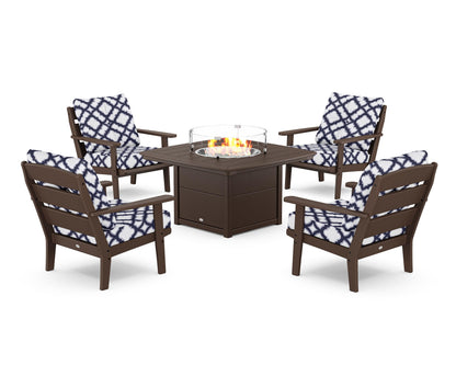 POLYWOOD® Lakeside 5-Piece Deep Seating Set with Nautical Fire Pit Table in Mahogany / Trellis Navy