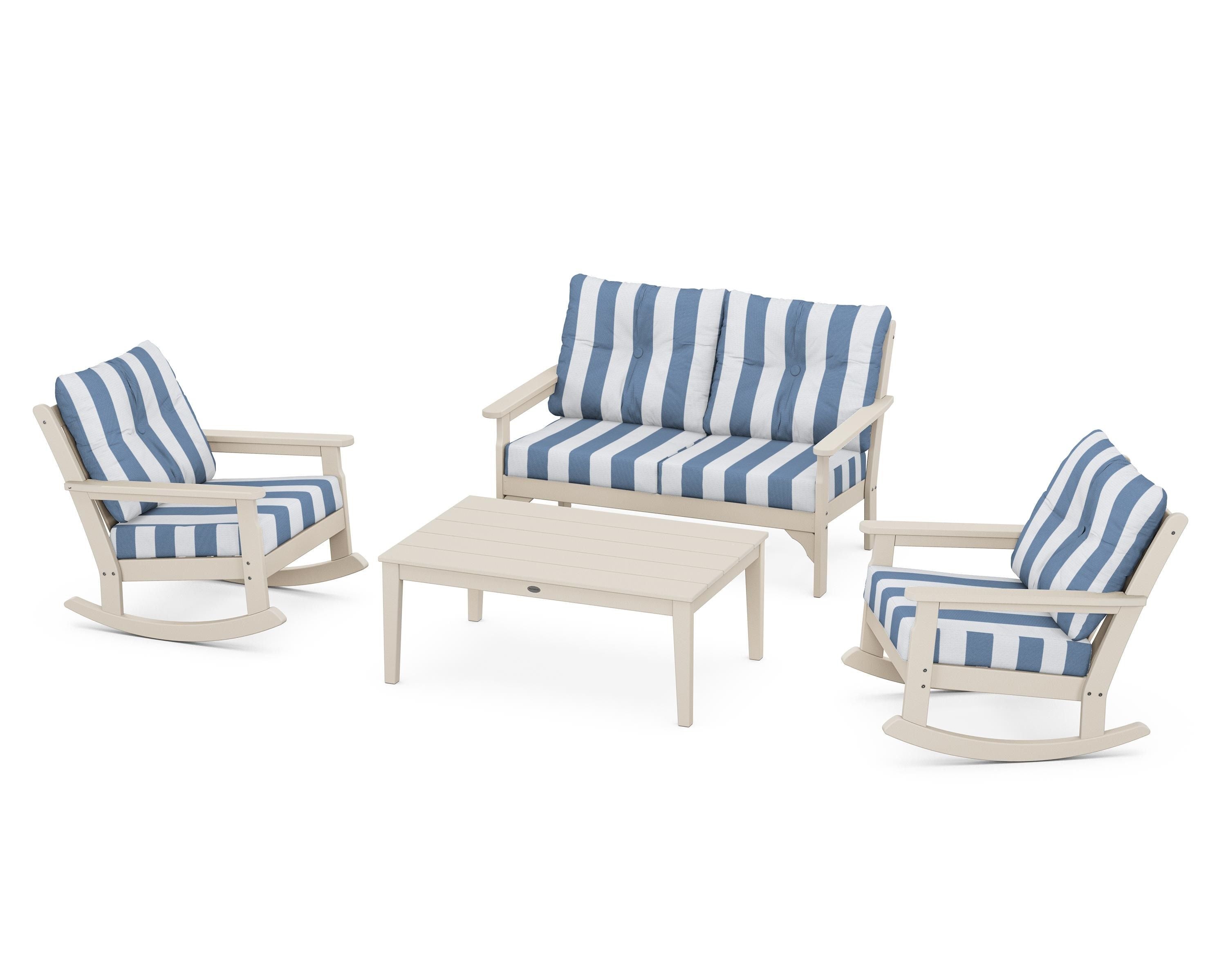 POLYWOOD® Vineyard 4-Piece Deep Seating Rocking Chair Set in Sand / Cabana Stripe Sky Blue
