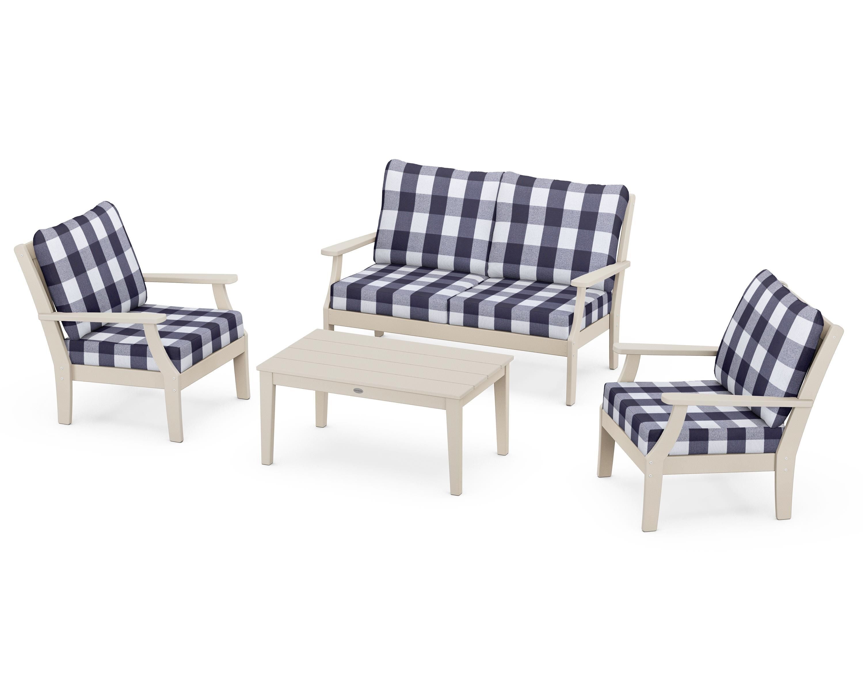 POLYWOOD® Braxton 4-Piece Deep Seating Chair Set in Sand / Buffalo Plaid Navy