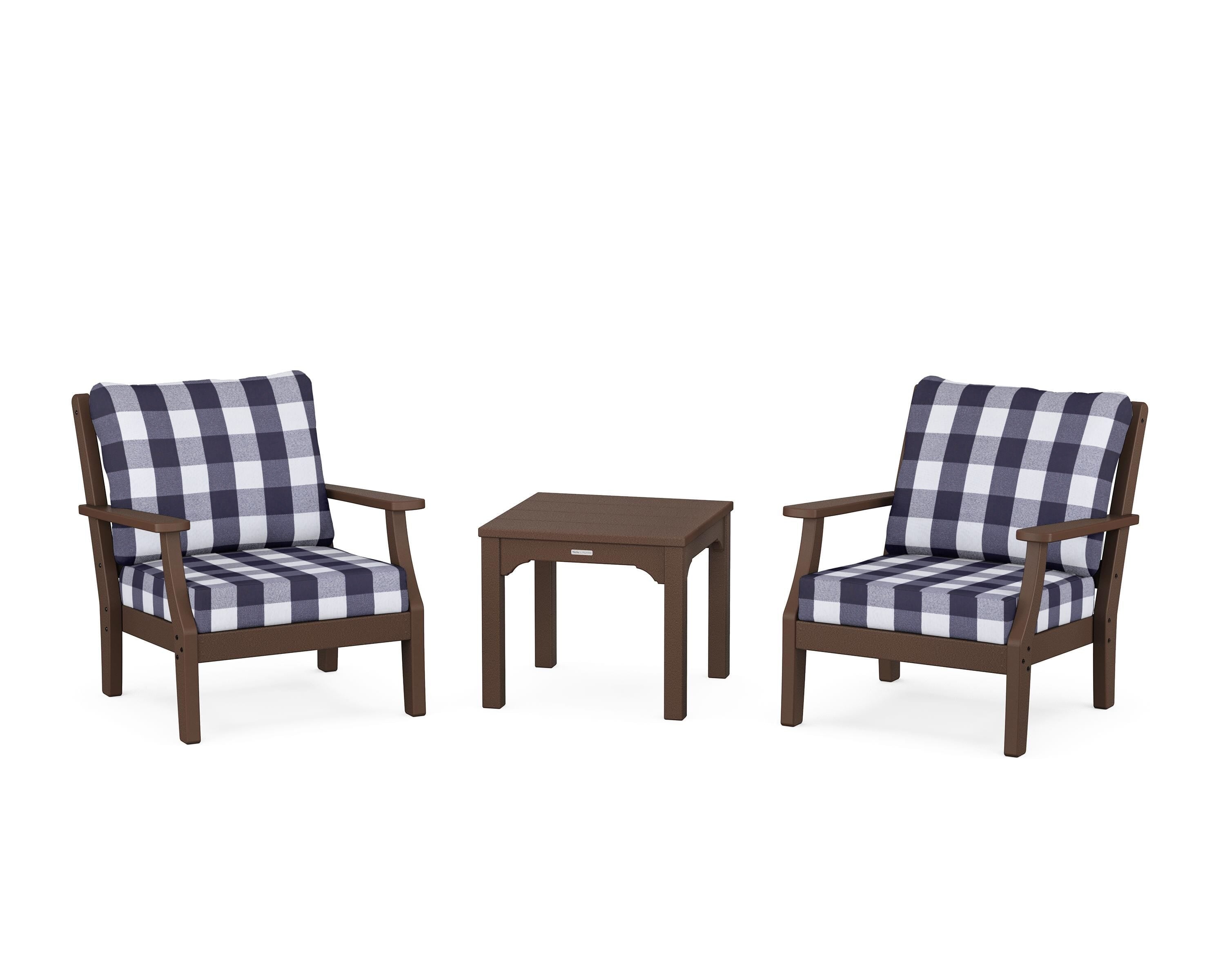 Martha Stewart by POLYWOOD® Chinoiserie 3-Piece Deep Seating Set in Mahogany / Buffalo Plaid Navy