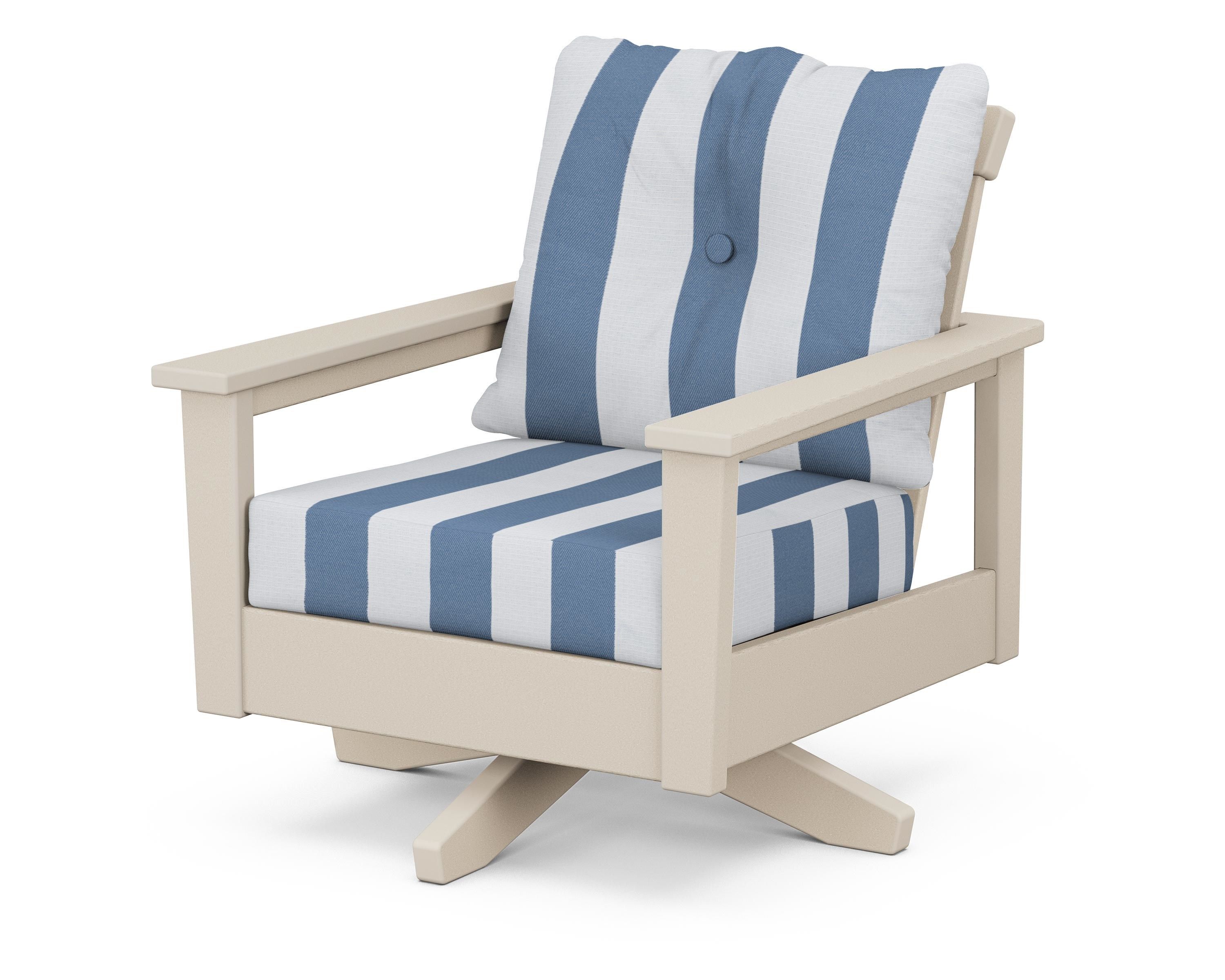 POLYWOOD® Prescott Deep Seating Swivel Chair in Sand / Cabana Stripe Sky Blue