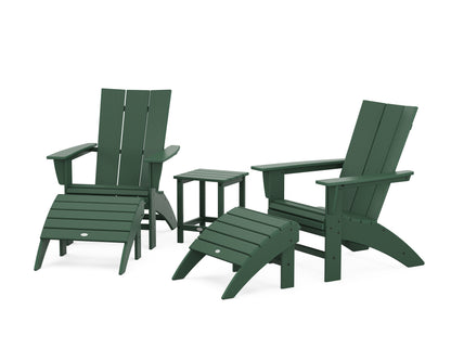 POLYWOOD® Modern Curveback Adirondack Chair 5-Piece Set with Ottomans and 18" Side Table in Green