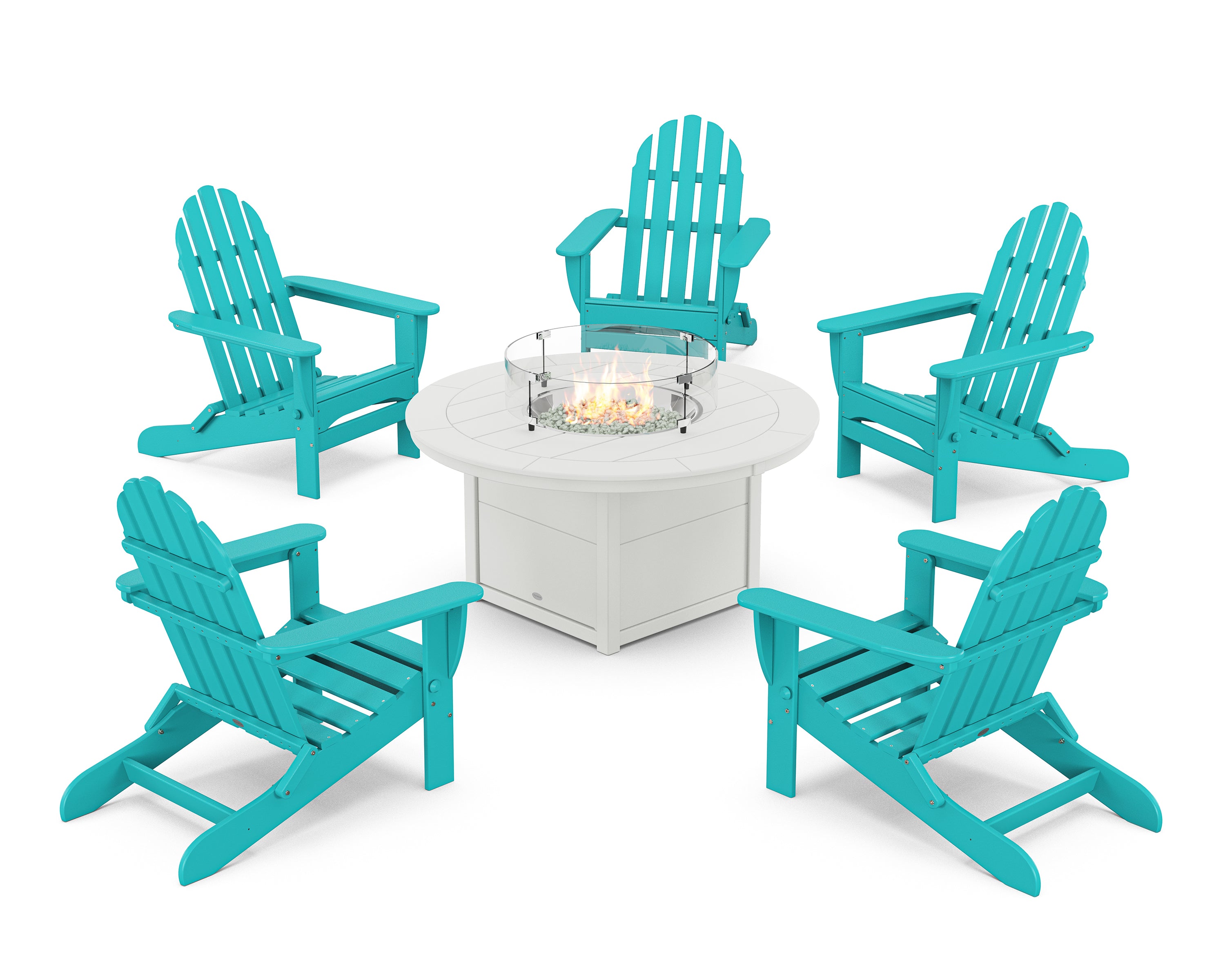 POLYWOOD® Classic Folding Adirondack 6-Piece Conversation Set with Fire Pit Table in Aruba / White