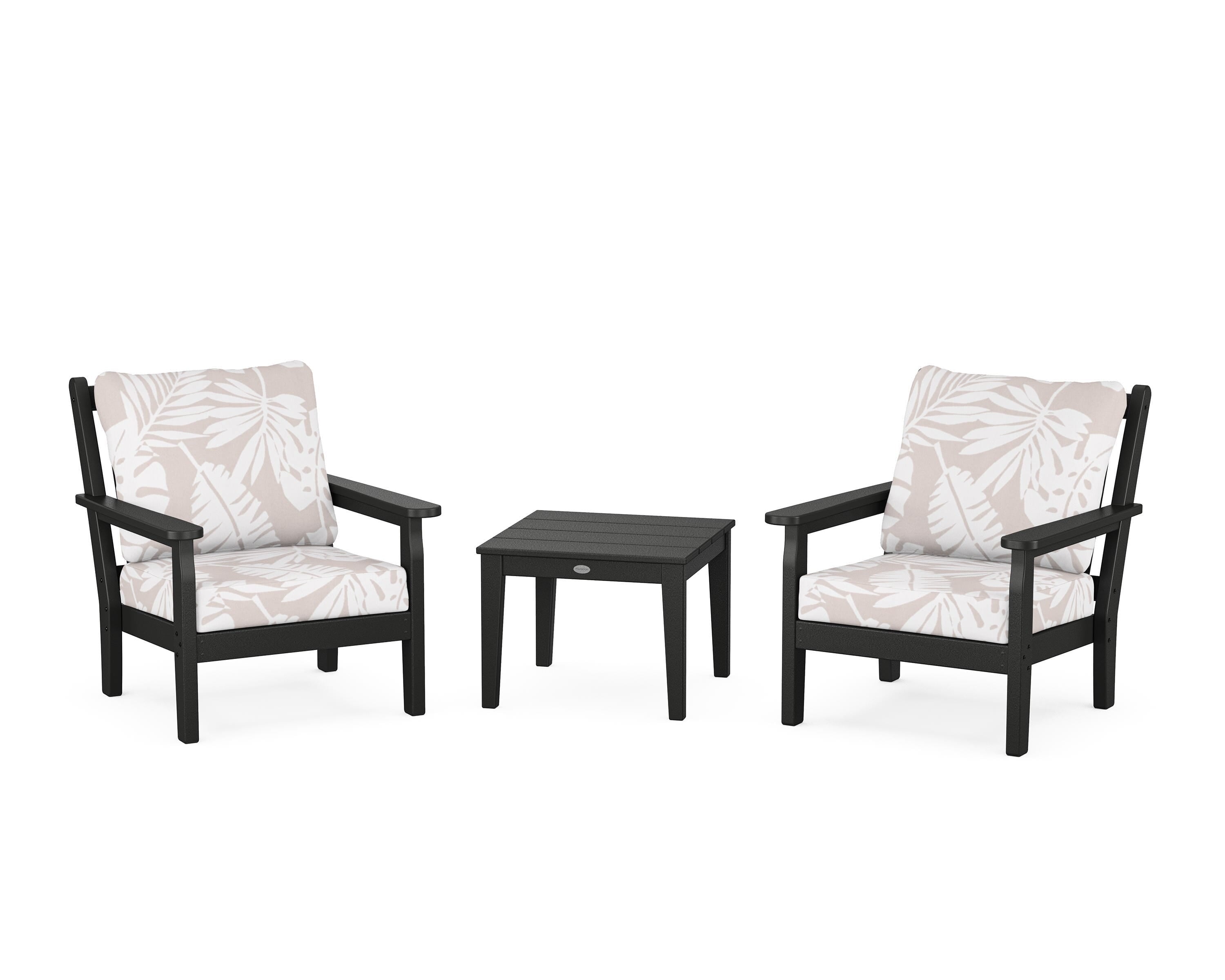 POLYWOOD® Chippendale 3-Piece Deep Seating Set in Black / Leaf Dune Burlap