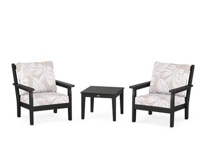 POLYWOOD® Chippendale 3-Piece Deep Seating Set in Black / Leaf Dune Burlap