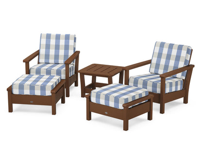 POLYWOOD® Harbour 5-Piece Deep Seating Chair Set in Teak / Buffalo Plaid Sky Blue