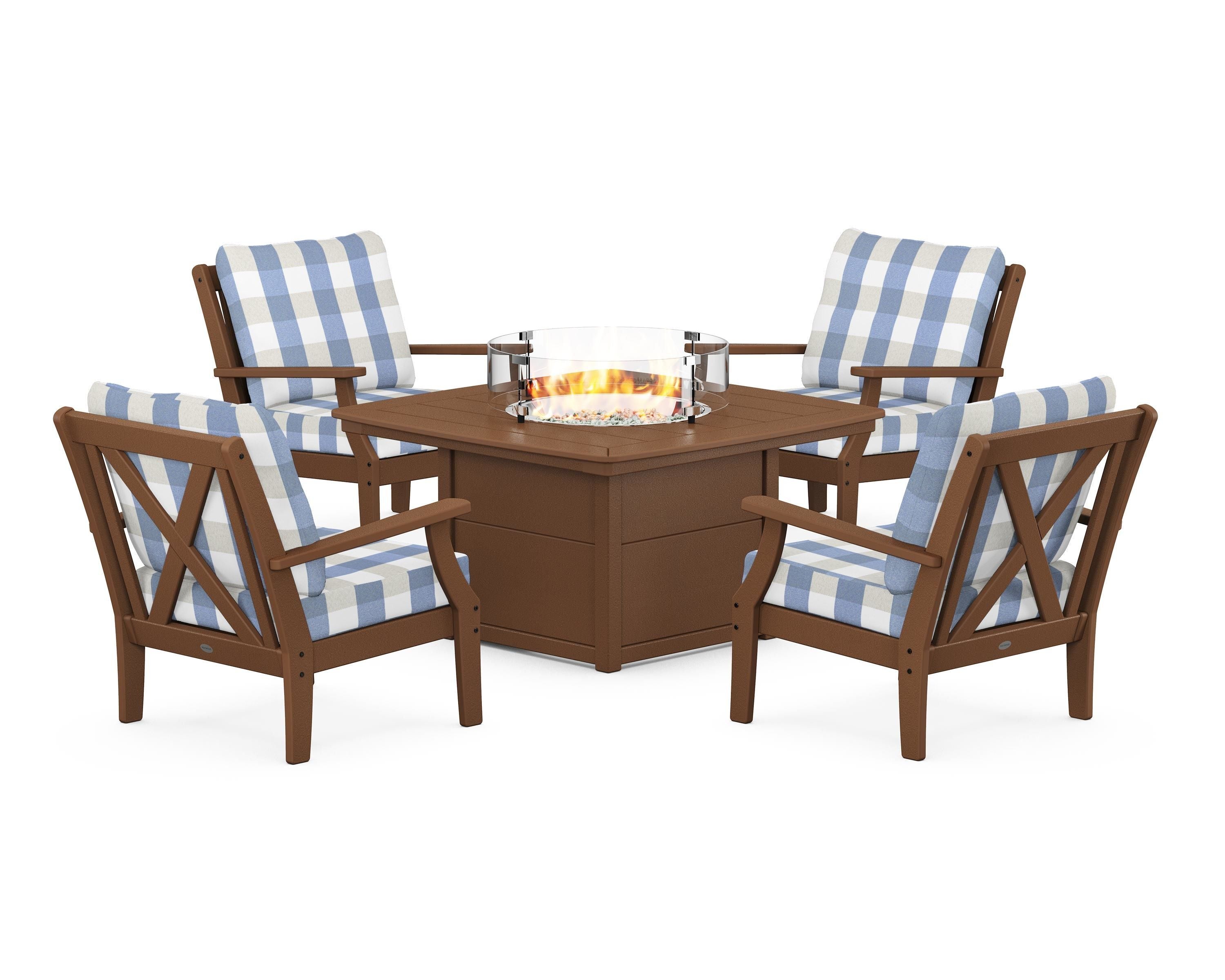POLYWOOD® Braxton 5-Piece Deep Seating Conversation Set with Fire Pit Table in Teak / Buffalo Plaid Sky Blue