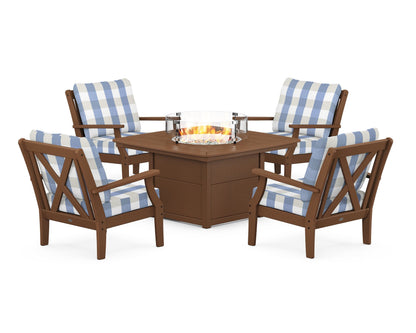 POLYWOOD® Braxton 5-Piece Deep Seating Conversation Set with Fire Pit Table in Teak / Buffalo Plaid Sky Blue