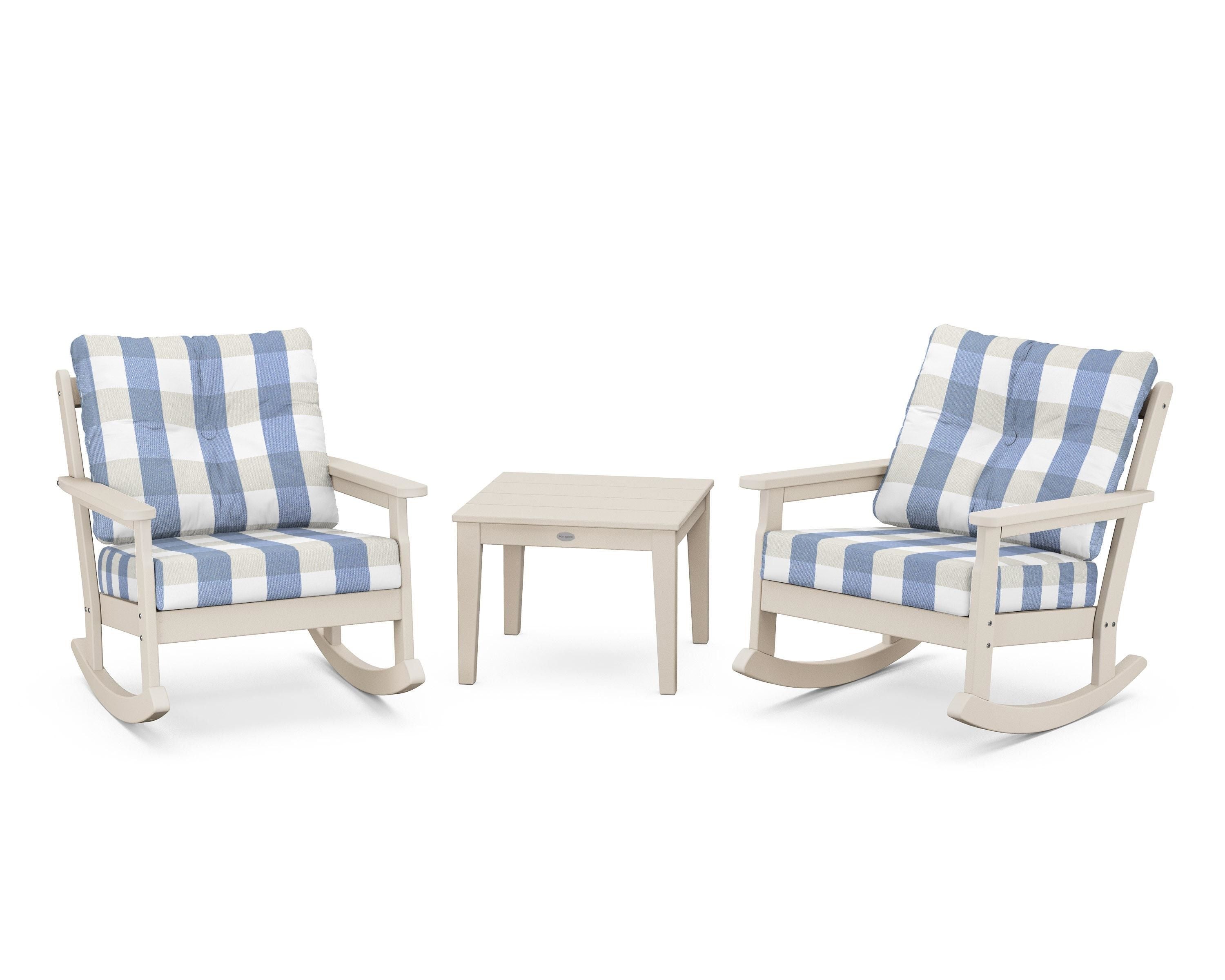 POLYWOOD® Vineyard 3-Piece Deep Seating Rocker Set in Sand / Buffalo Plaid Sky Blue