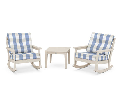 POLYWOOD® Vineyard 3-Piece Deep Seating Rocker Set in Sand / Buffalo Plaid Sky Blue
