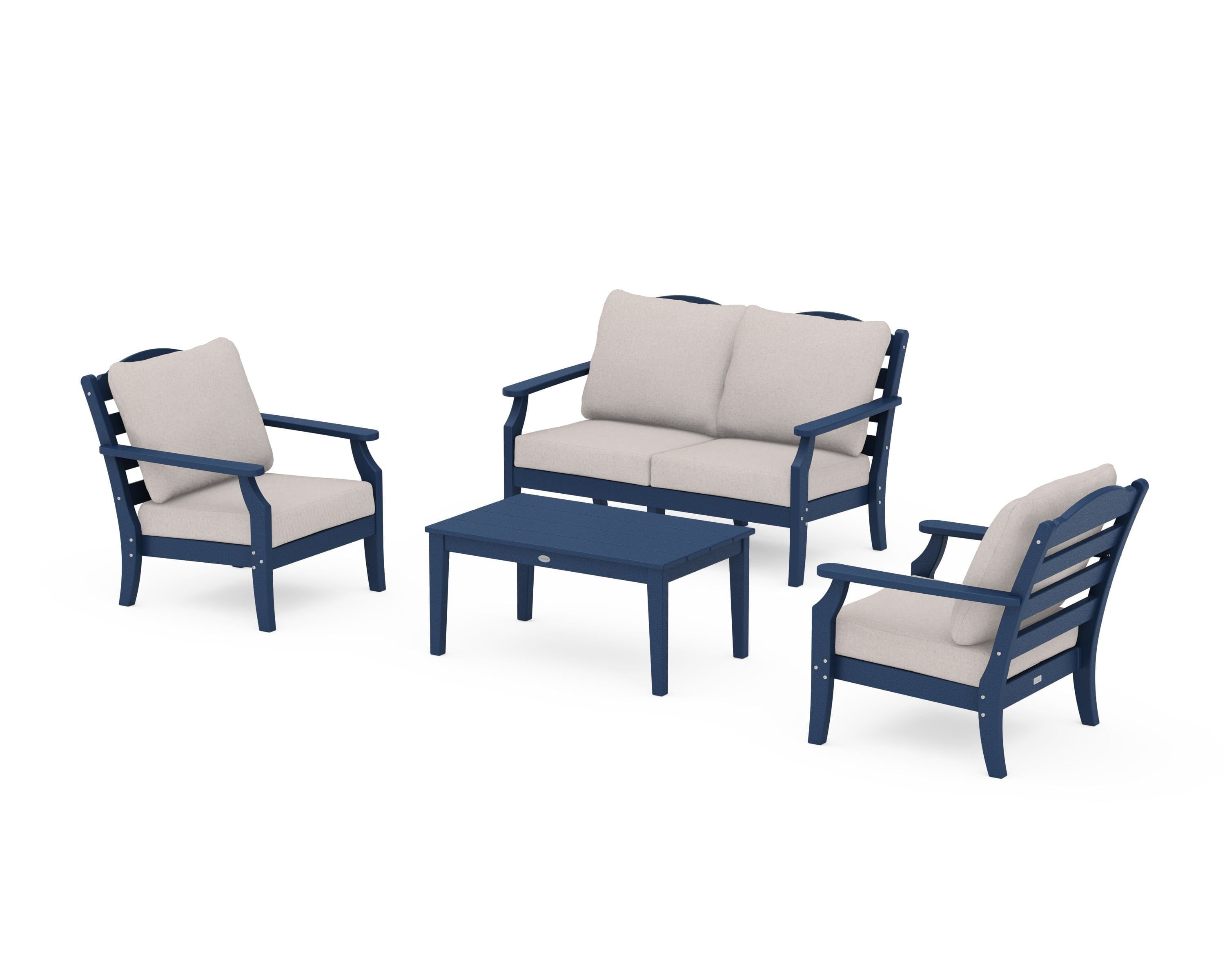 Draper James™ by  POLYWOOD® Savannah 4-Piece Deep Seating Set with Loveseat in Navy / Dune Burlap