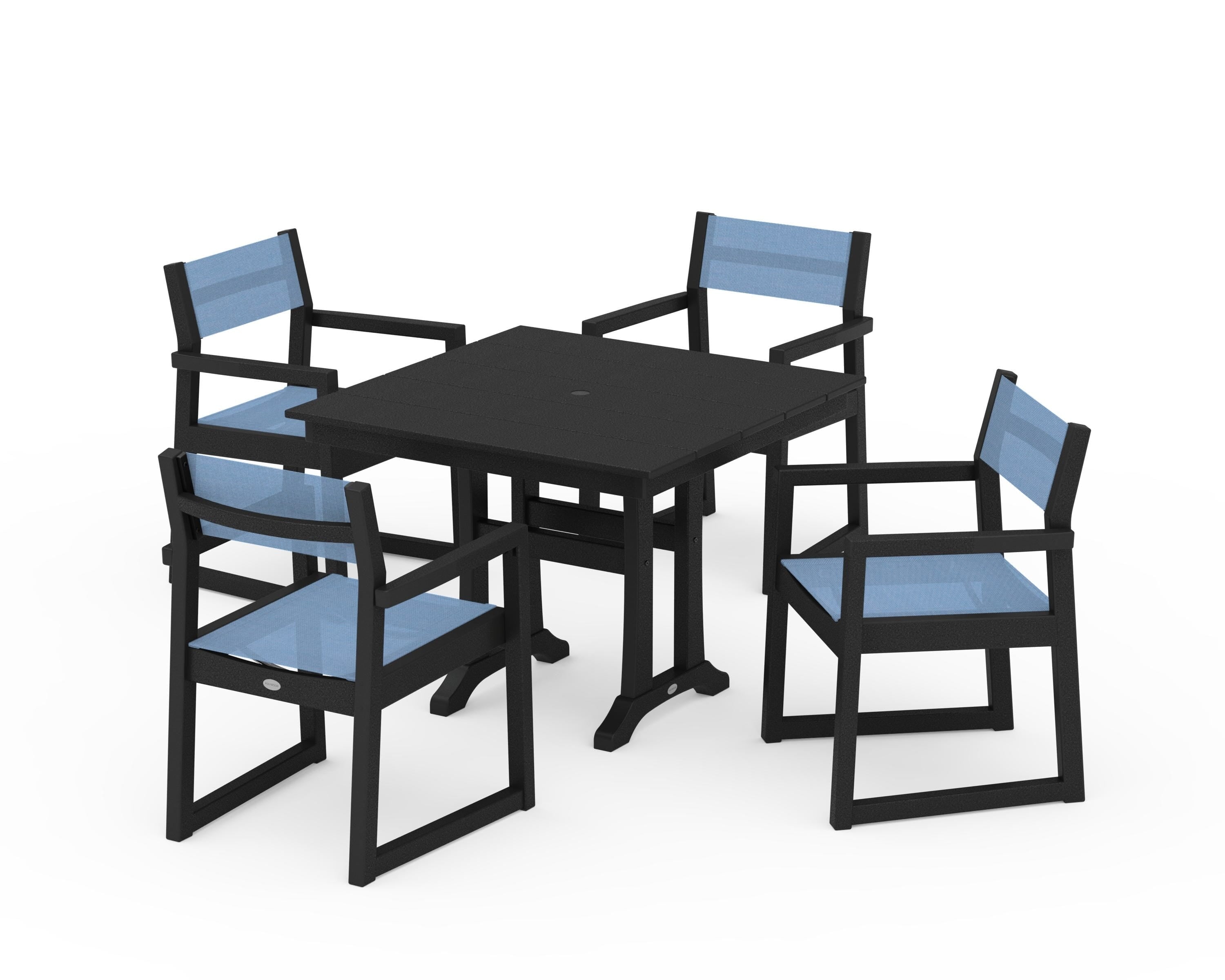 POLYWOOD® EDGE Sling 5-Piece Farmhouse Dining Set with Trestle Legs in Black / Poolside Sling