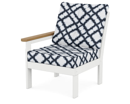 POLYWOOD® Vineyard Modular Left Arm Chair in White / Natural / Trellis Marine Indigo