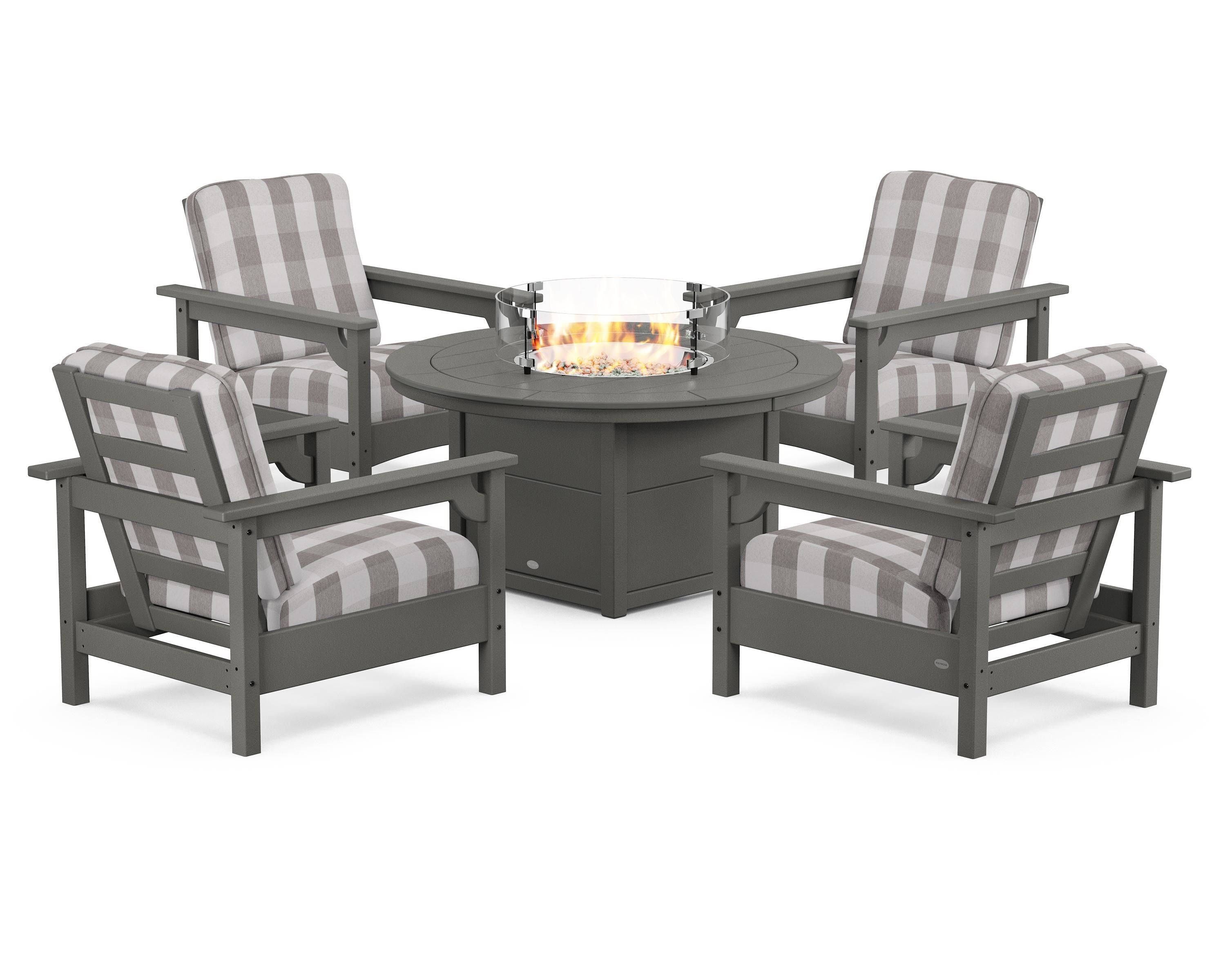 POLYWOOD® Club 5-Piece Conversation Set with Fire Pit Table in Slate Grey / Buffalo Plaid Grey Mist