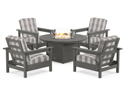 POLYWOOD® Club 5-Piece Conversation Set with Fire Pit Table in Slate Grey / Buffalo Plaid Grey Mist