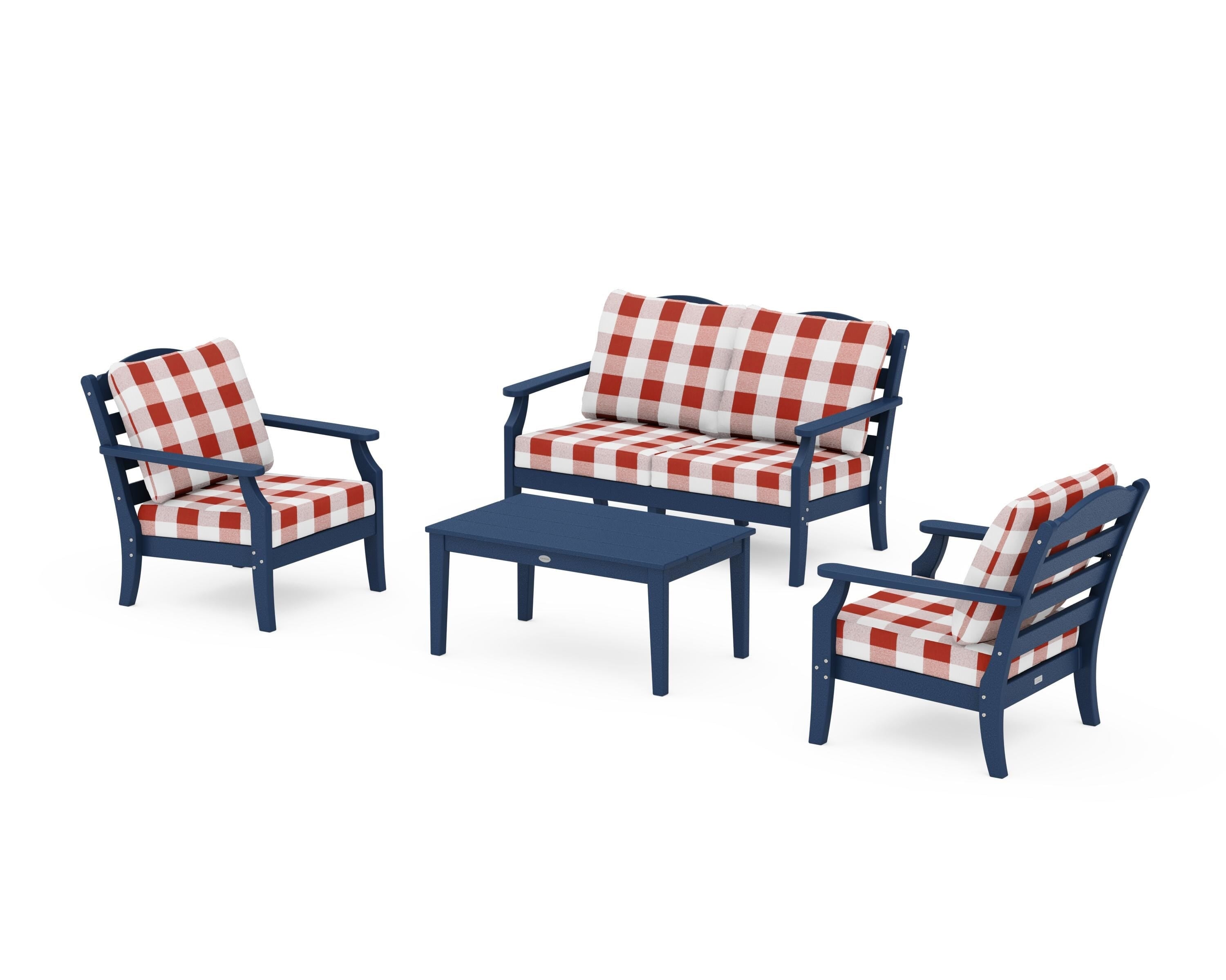 Draper James™ by  POLYWOOD® Savannah 4-Piece Deep Seating Set with Loveseat in Navy / Buffalo Plaid Crimson