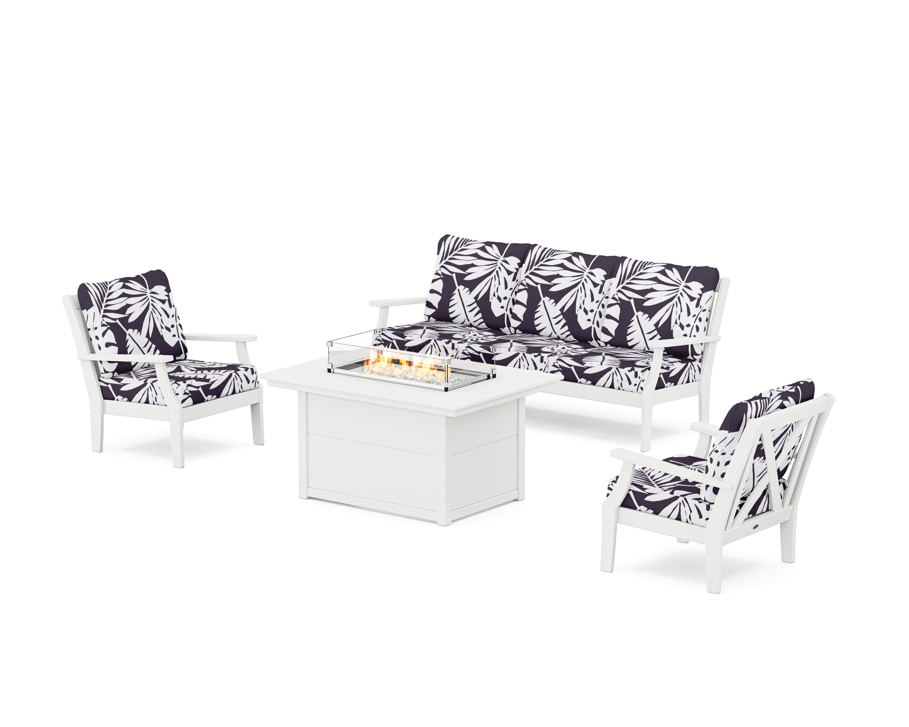POLYWOOD® Braxton Deep Seating Fire Pit Table Set in White / Leaf Navy