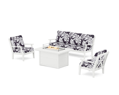POLYWOOD® Braxton Deep Seating Fire Pit Table Set in White / Leaf Navy