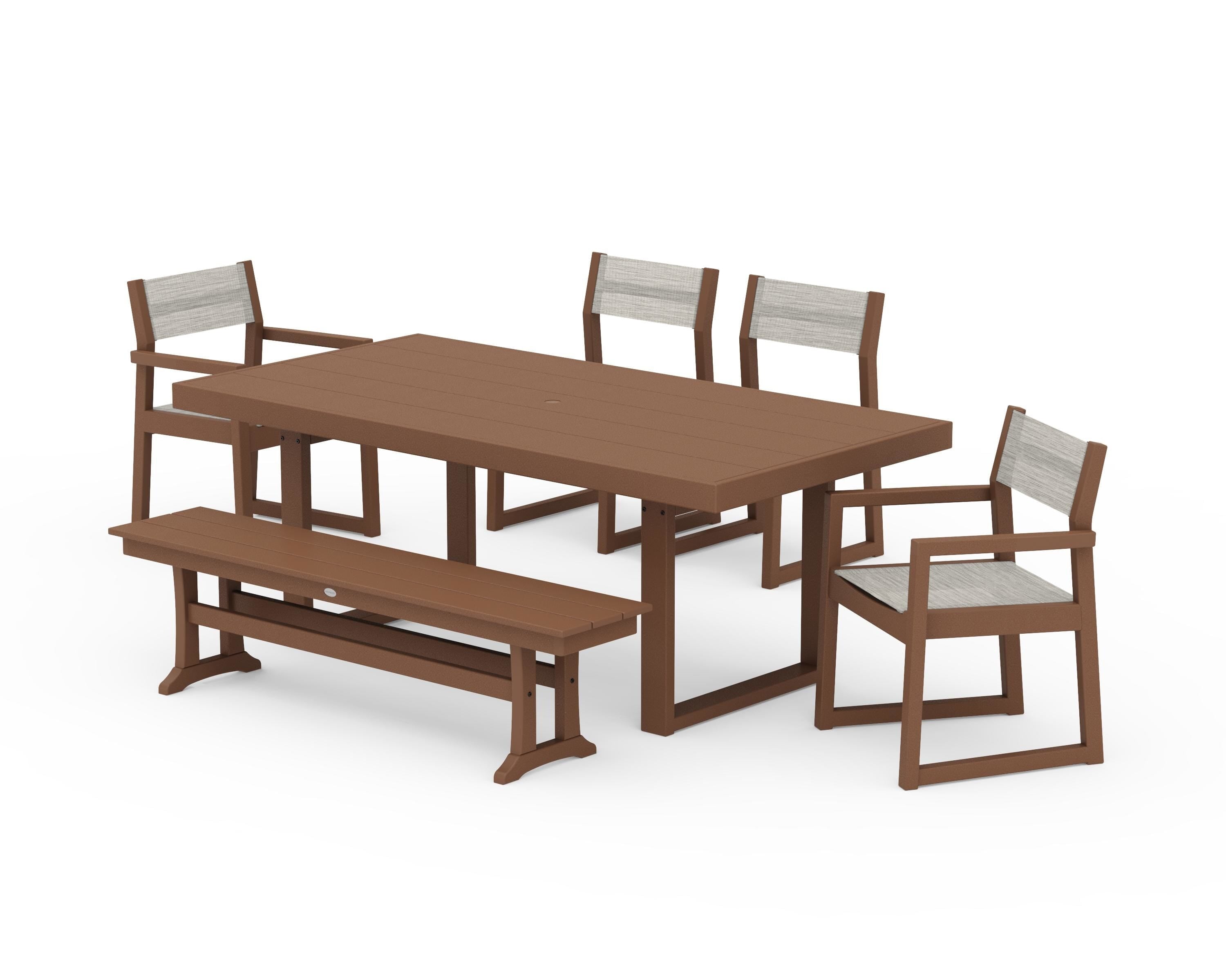 POLYWOOD® EDGE Sling 6-Piece Dining Set with Bench in Teak / Birch Sling