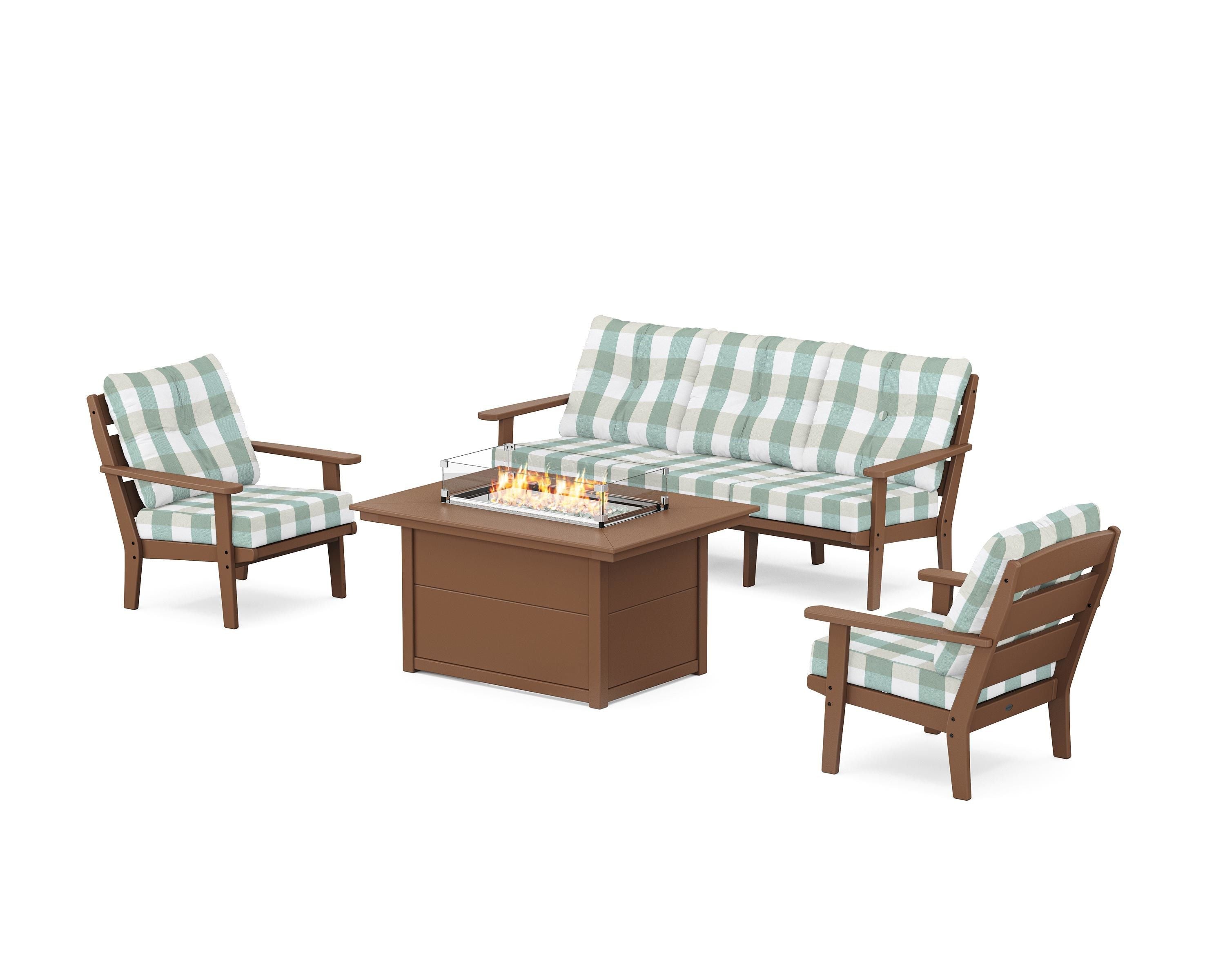 POLYWOOD® Lakeside Deep Seating Fire Pit Table Set in Teak / Buffalo Plaid Glacier Spa