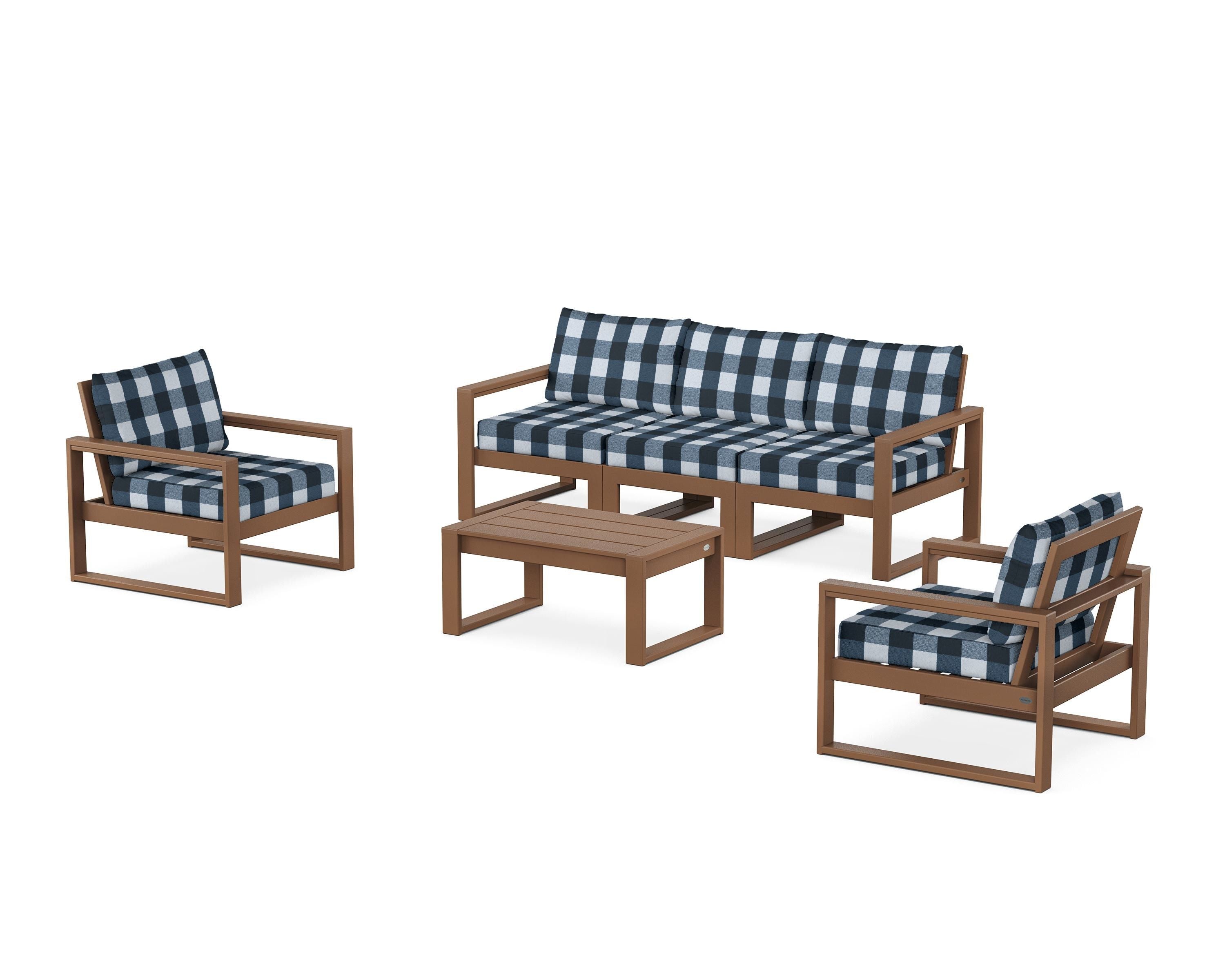 POLYWOOD® EDGE Sectional 4-Piece Deep Seating Set with Sofa in Teak / Buffalo Plaid Marine Indigo