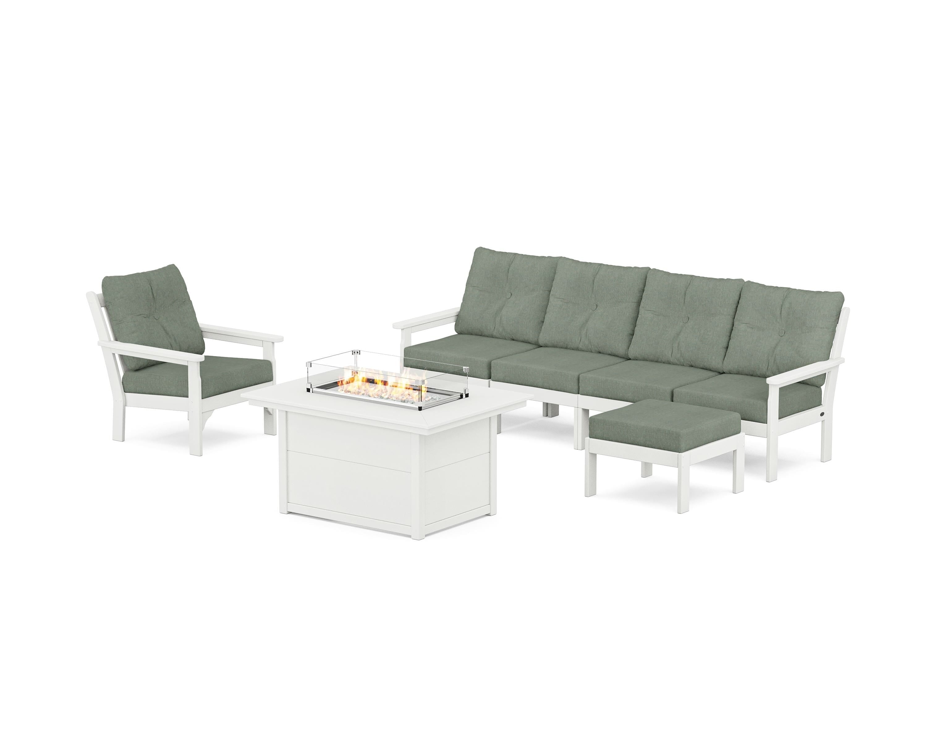 POLYWOOD® Vineyard Sectional Lounge and Fire Pit Set in Vintage White / Cast Sage