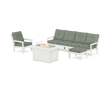POLYWOOD® Vineyard Sectional Lounge and Fire Pit Set in Vintage White / Cast Sage
