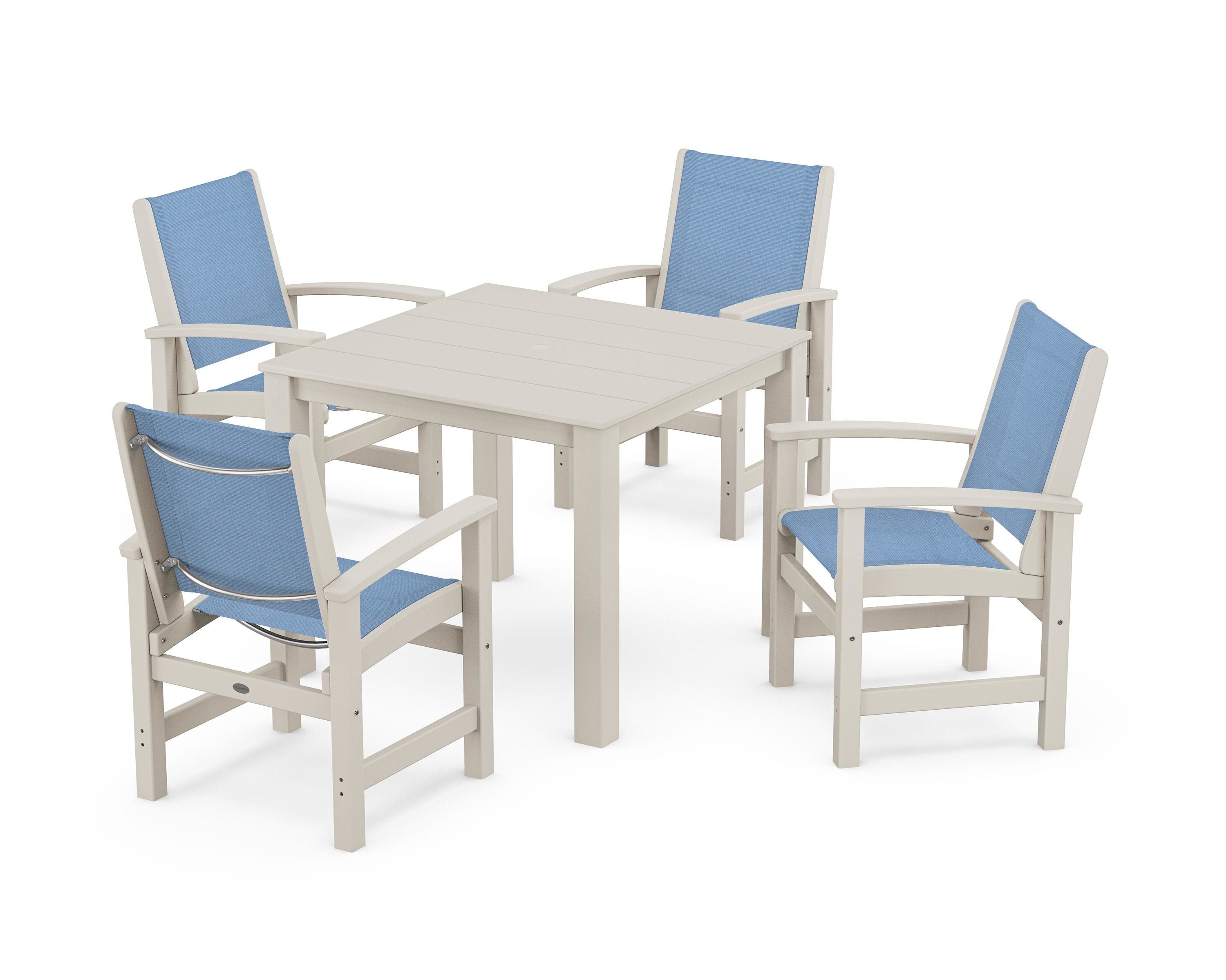 POLYWOOD® Coastal 5-Piece Parsons Dining Set in Sand / Poolside Sling