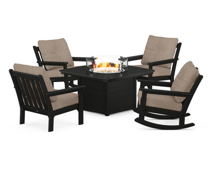 POLYWOOD® Vineyard 5-Piece Deep Seating Rocking Chair Conversation Set with Fire Pit Table in Black / Spiced Burlap