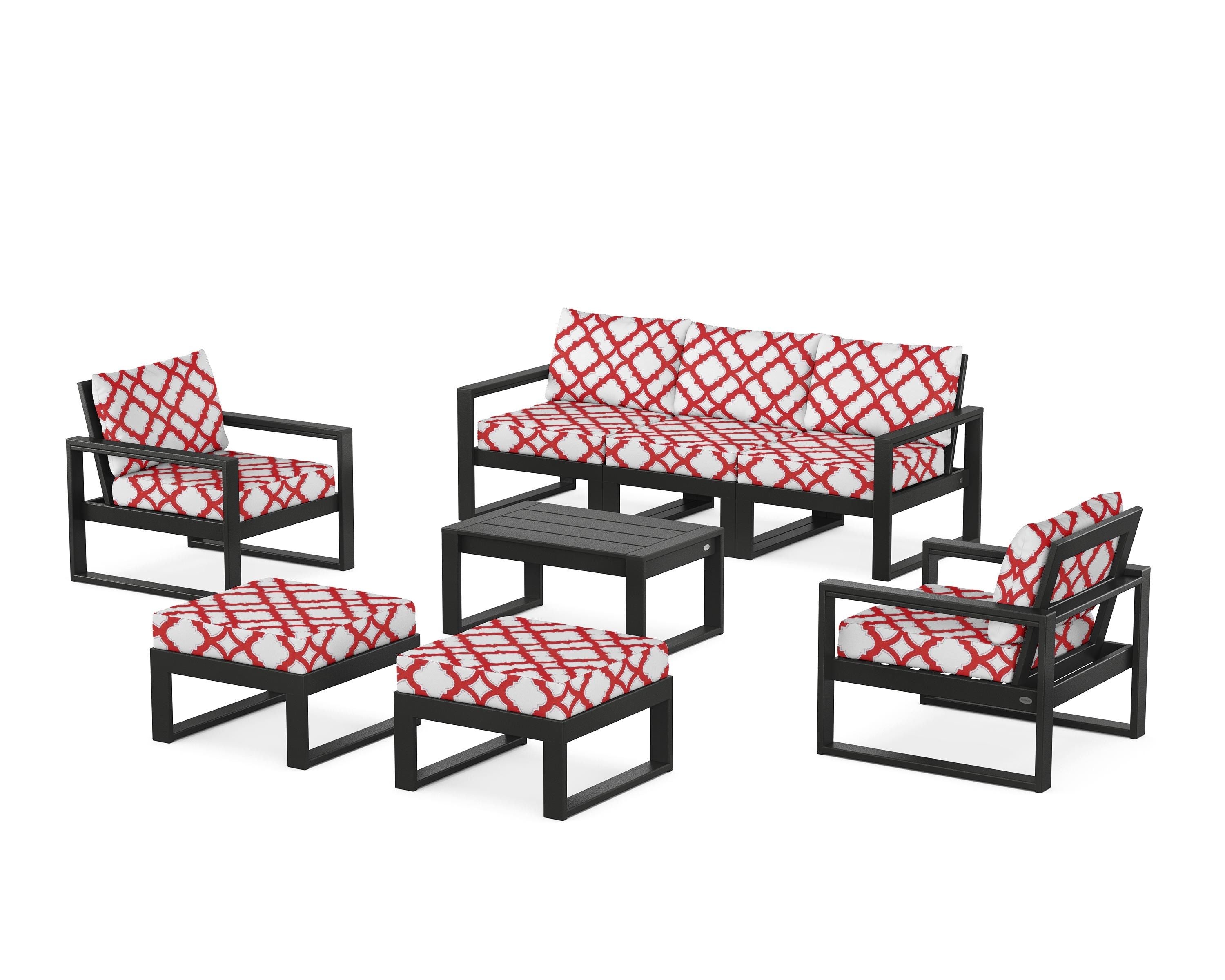 POLYWOOD® EDGE Sectional 8-Piece Lounge Sofa Set in Black / Trellis Crimson