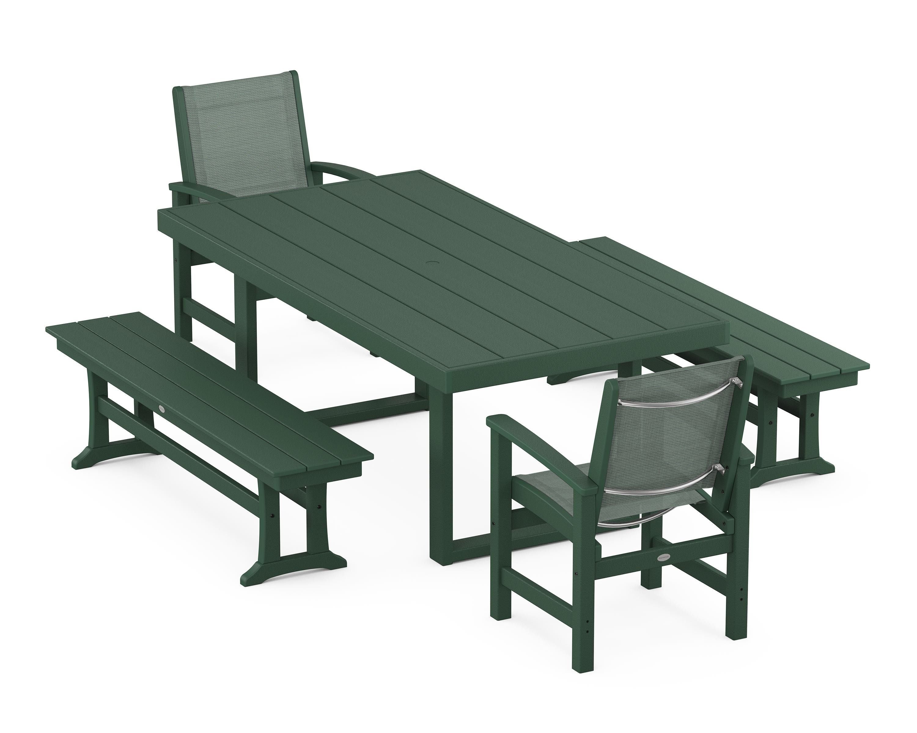 POLYWOOD® Coastal 5-Piece Dining Set with Trestle Legs in Green / Dupioni Sea Mist Sling