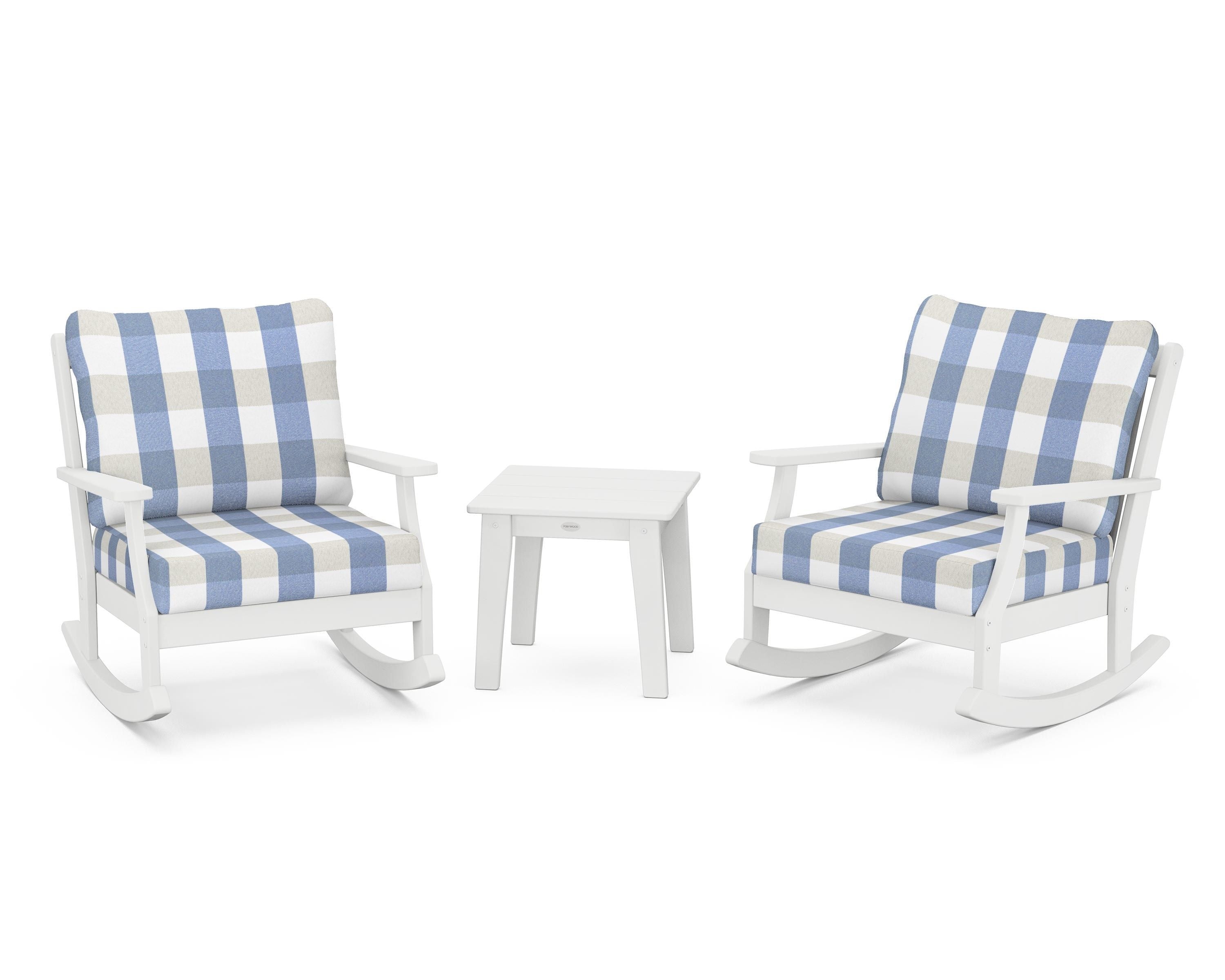 POLYWOOD® Braxton 3-Piece Deep Seating Rocker Set in White / Buffalo Plaid Sky Blue