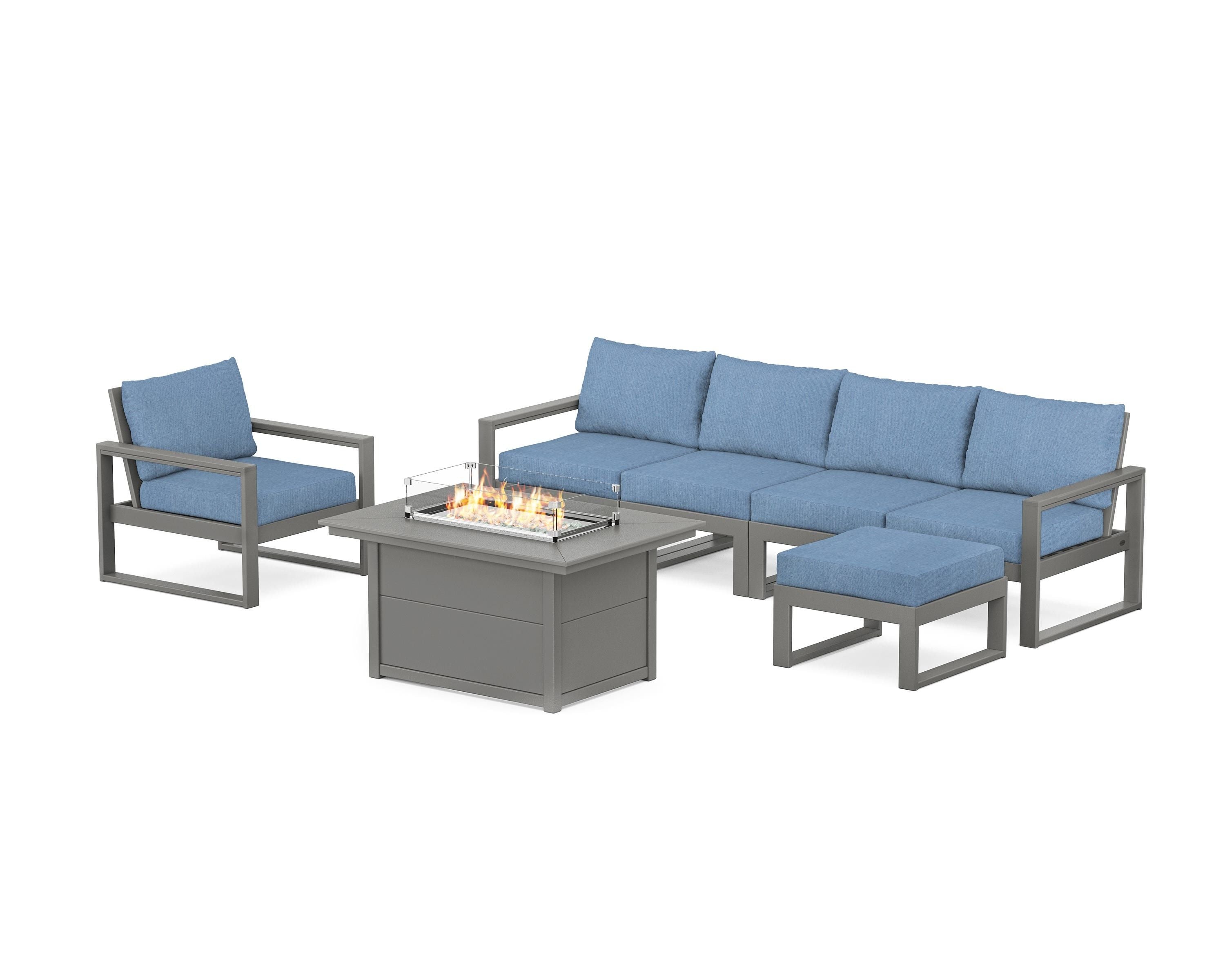 POLYWOOD® EDGE Sectional Lounge and Fire Pit Set in Slate Grey / Sky Blue