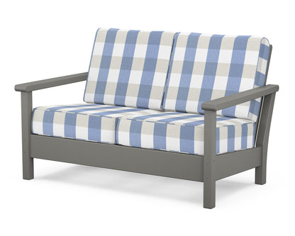 POLYWOOD® Harbour Deep Seating Loveseat in Slate Grey / Buffalo Plaid Sky Blue