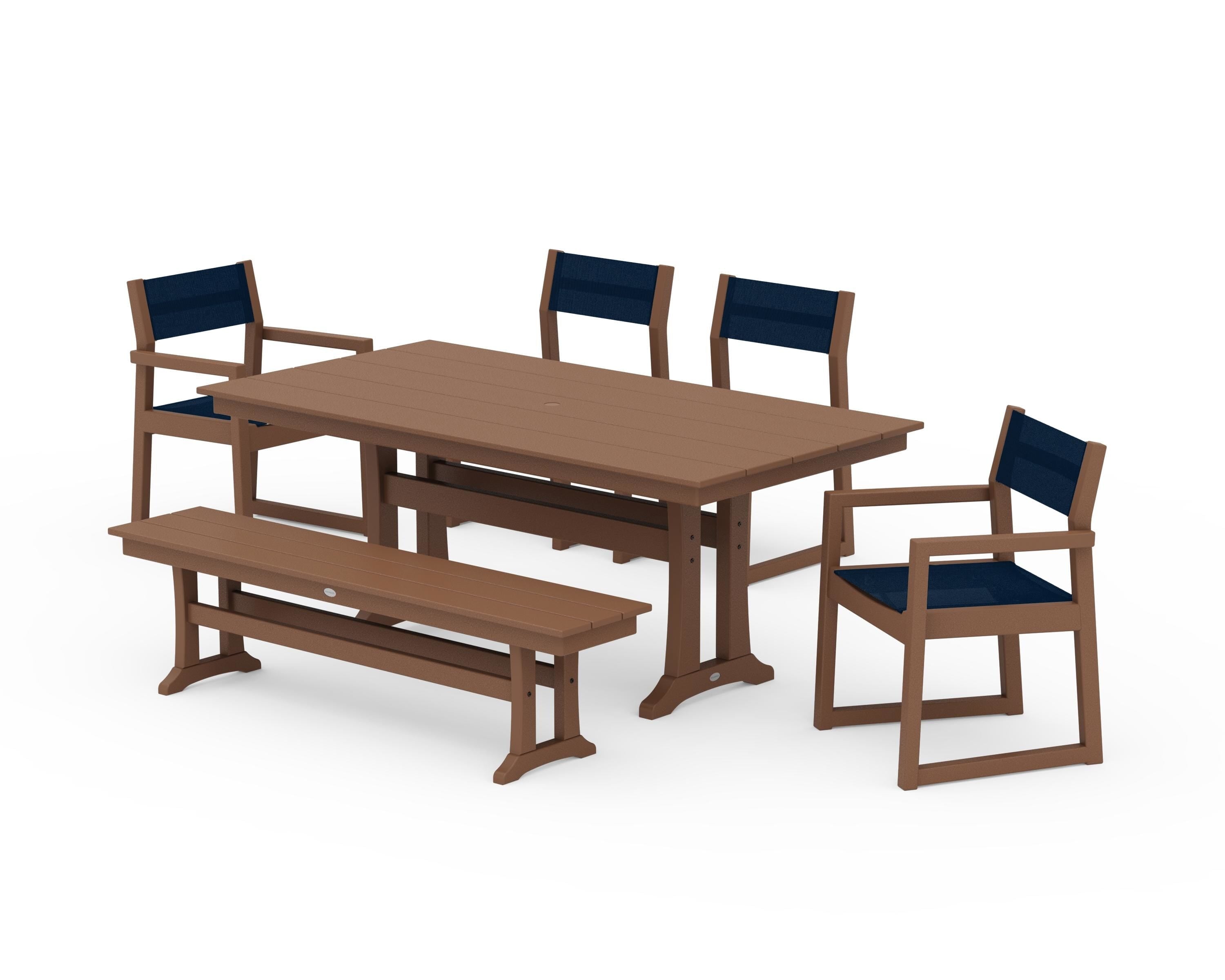 POLYWOOD® EDGE Sling 6-Piece Farmhouse Dining Set With Trestle Legs in Teak / Navy Blue Sling